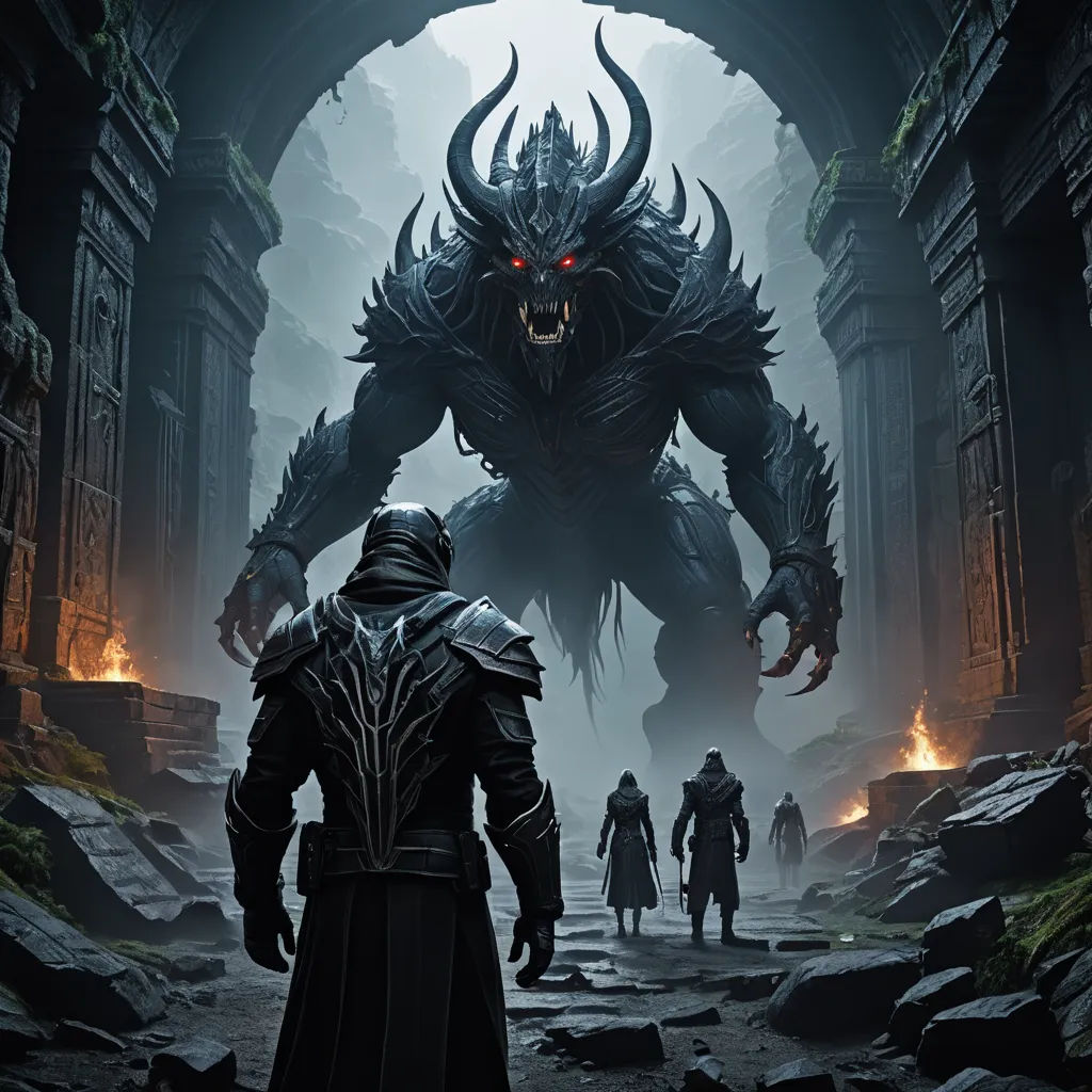 a man in a black suit standing in front of a giant demon with horns on his head and two men in black suits, fantasy art, concept art, Eddie Mendoza, unreal engine 5