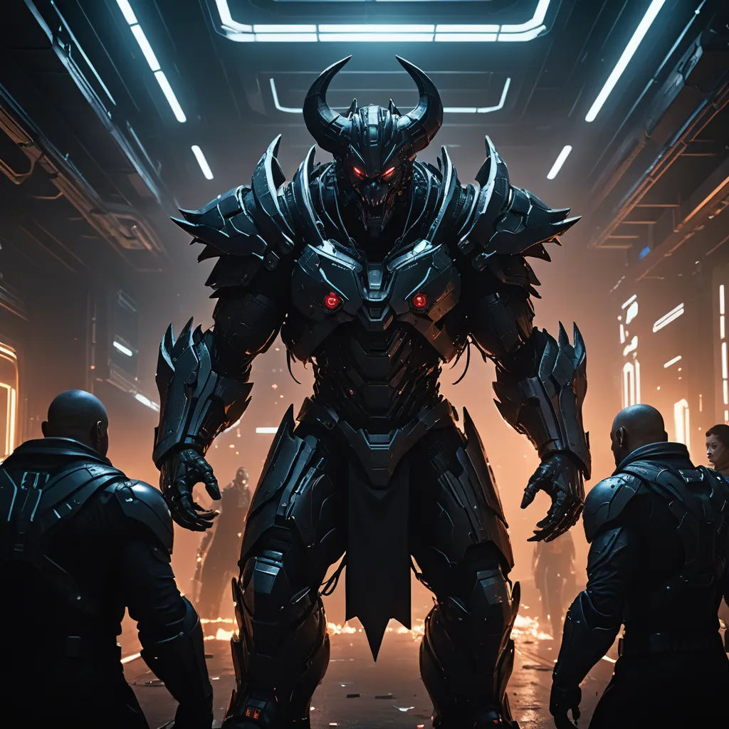 a group of men standing in a room with a giant robot in the middle of it's floor, sots art, concept art, Daryush Shokof, unreal 5