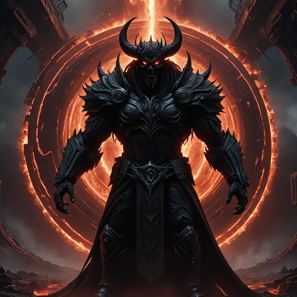 a demonic demon standing in front of a giant red ball of fire and flames in a dark room with a giant circular doorway, fantasy art, concept art, Anne Stokes, epic fantasy character art