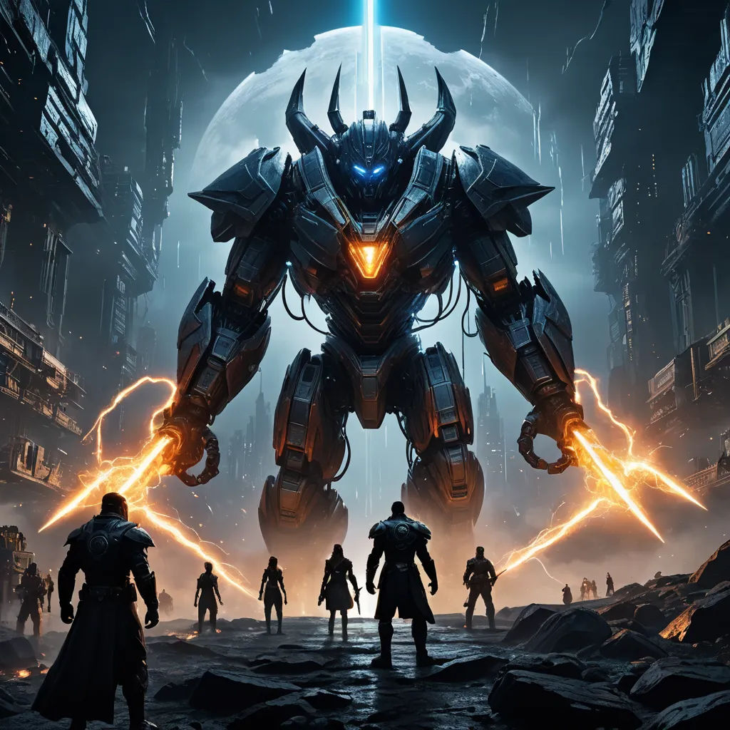 a group of people standing in front of a giant robot in a city at night with a full moon in the background, antipodeans, concept art, Aleksi Briclot, unreal 5