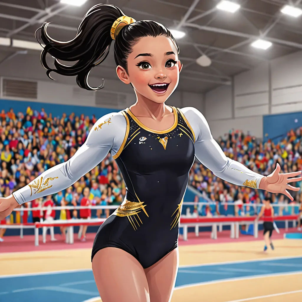 a cartoon of a woman in a gymnastics suit with a crowd in the background watching her from the sidelines, arabesque, a comic book panel, Fabien Charuau, official art