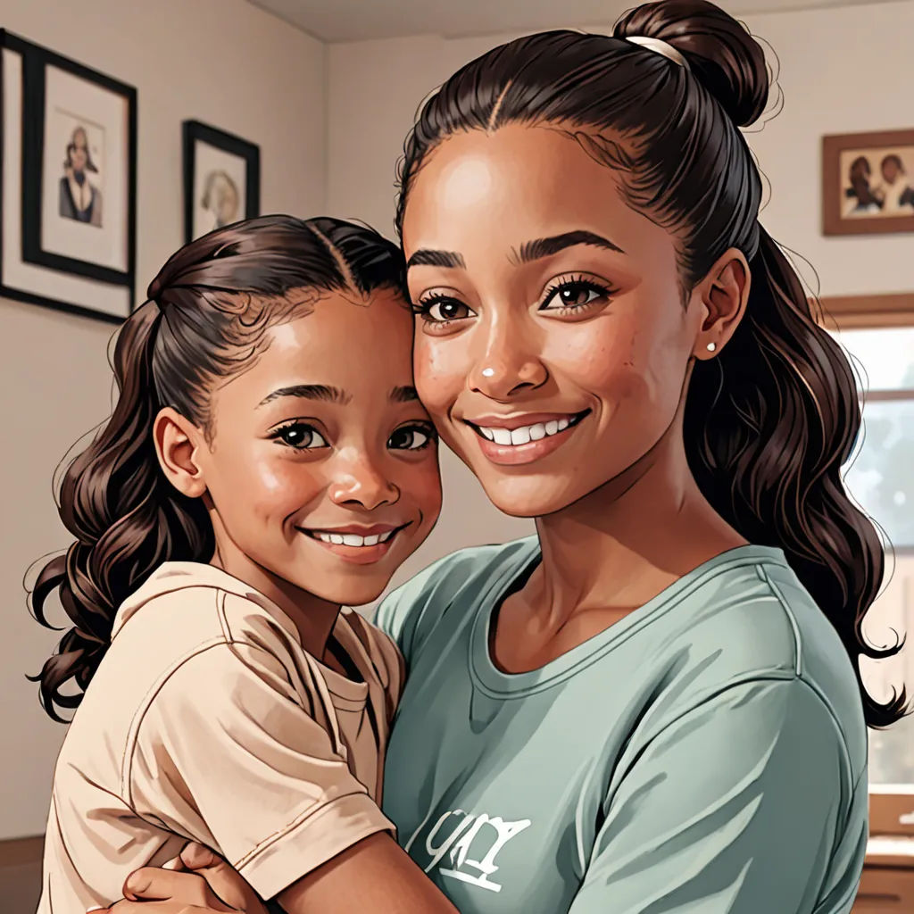 a painting of a woman hugging a little girl in a living room with pictures on the wall behind her, photorealism, a photorealistic painting, Constance Gordon-Cumming, highly detailed digital painting