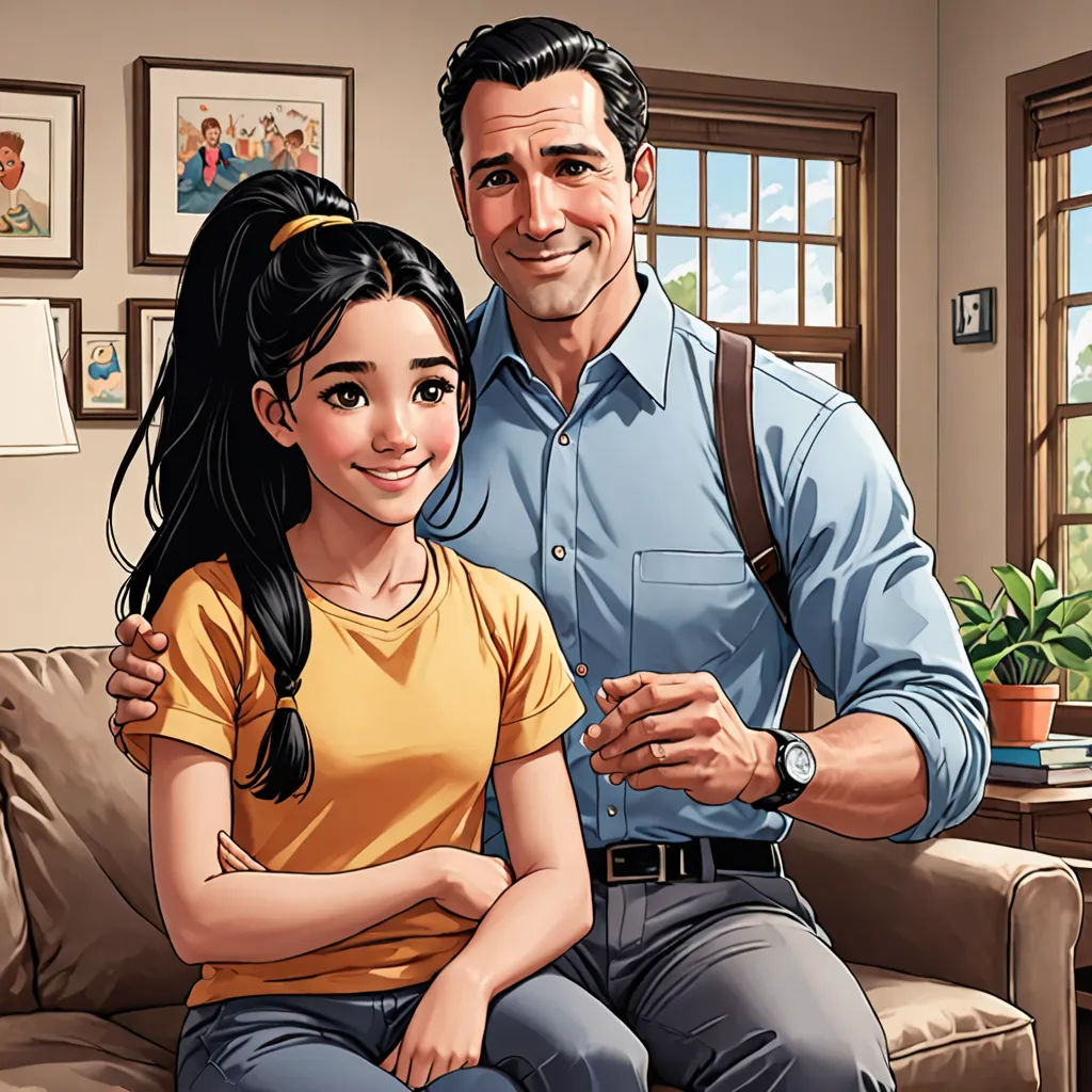 a man and a girl sitting on a couch in a living room together, with a painting of a man and a girl behind them, american scene painting, a comic book panel, F Scott Hess, official art