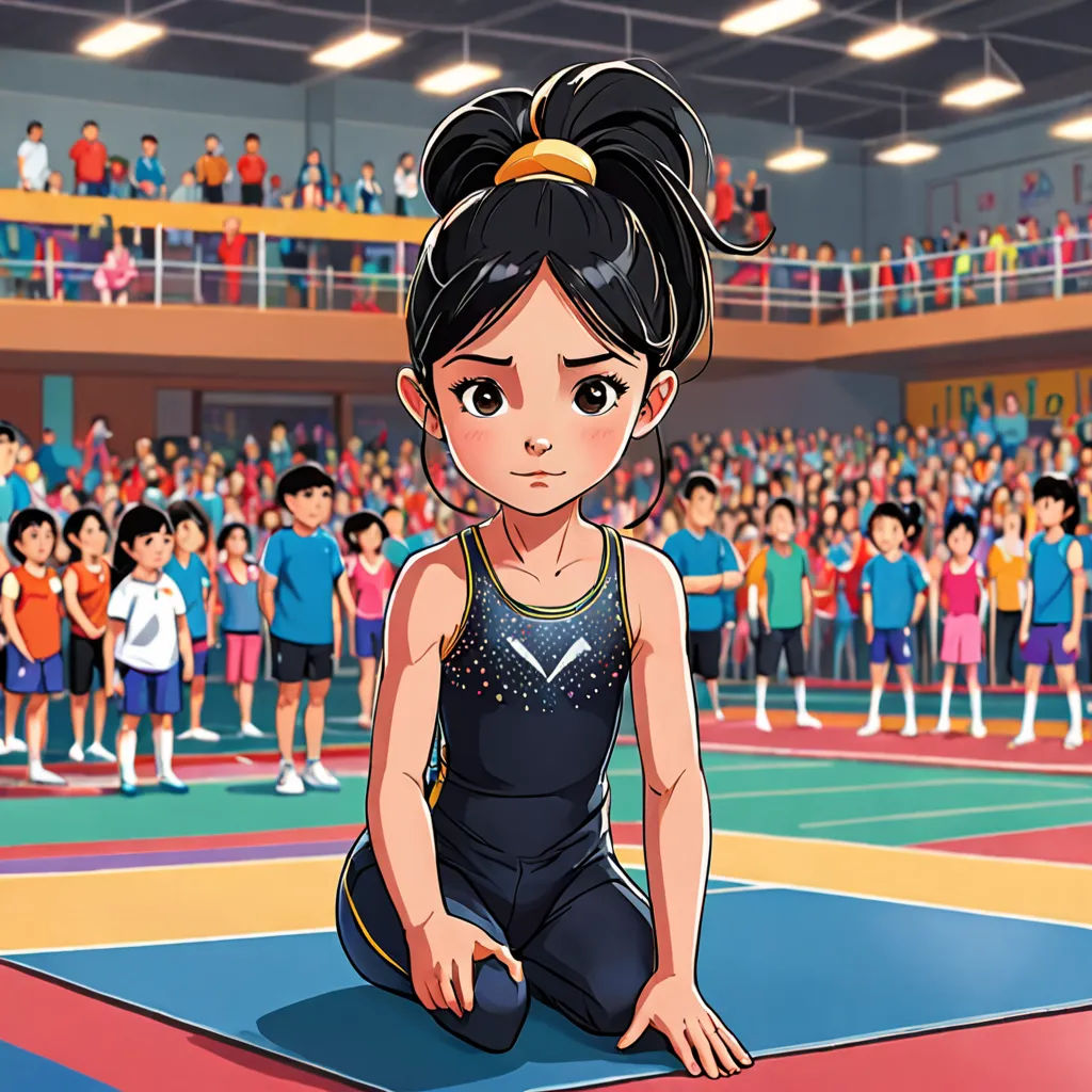 a cartoon girl sitting on a tennis court in front of a crowd of people in a gymnasium with a tennis court in the background, arabesque, a storybook illustration, Chen Lin, official art