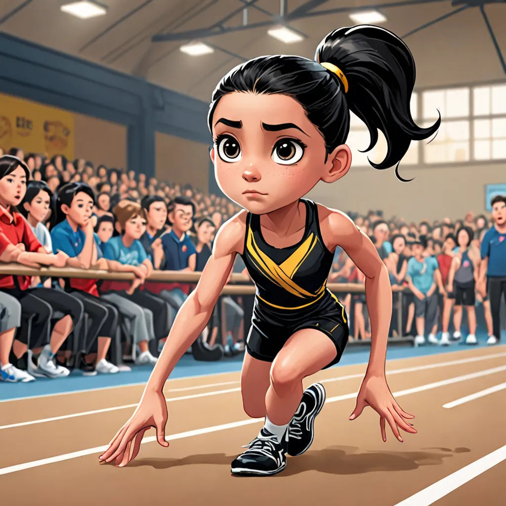 a cartoon girl running on a track in front of a crowd of people in a stadium with a crowd of people watching, arabesque, a comic book panel, Cliff Childs, promotional image