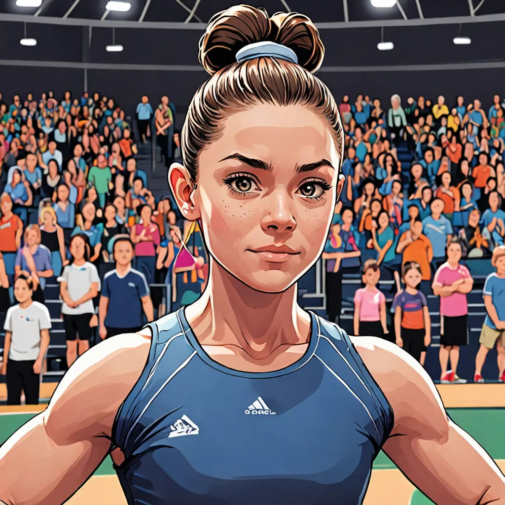 a woman in a blue top is standing in front of a crowd of people in a stadium with a tennis racket in her hand, fantastic realism, a comic book panel, Elina Karimova, promotional image