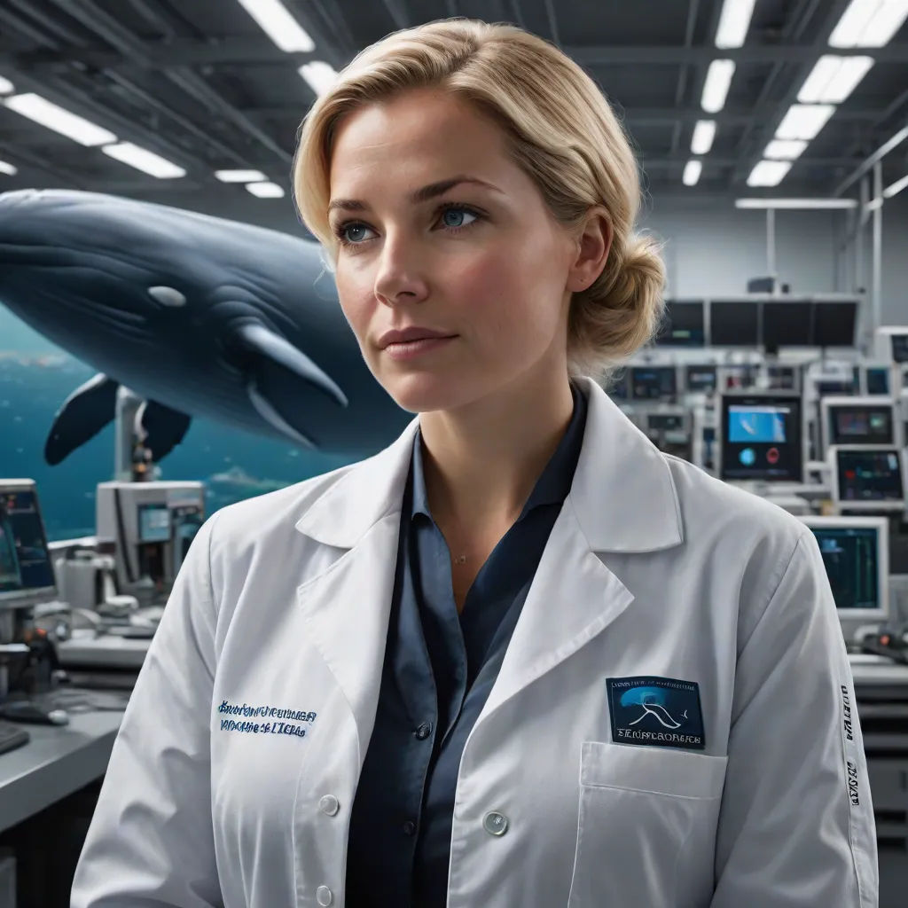 a woman in a lab coat standing in front of a whale in a room with computers and monitors on the walls, Emma Geary, naturalism, computer graphics, promotional image