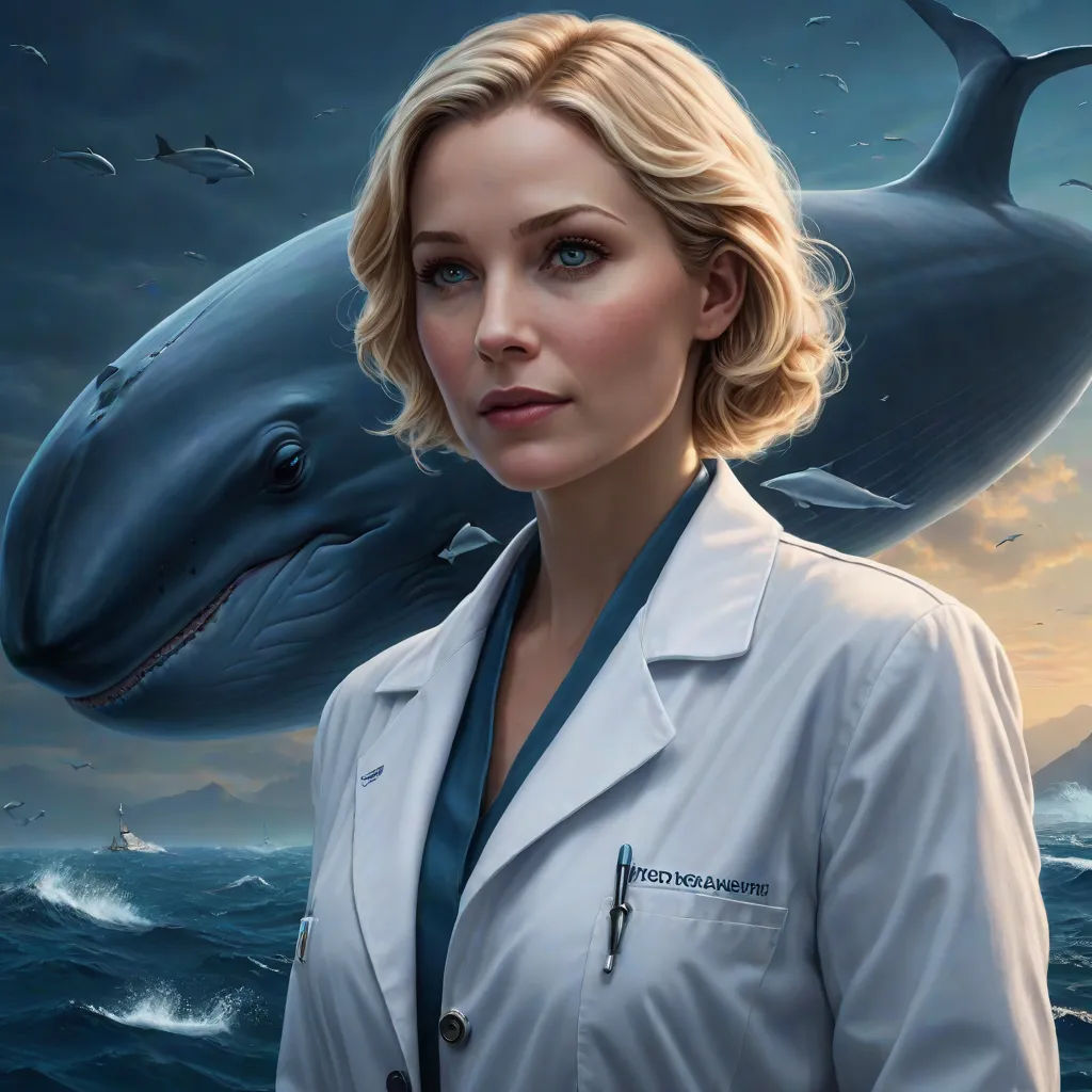 a woman in a white coat standing next to a whale in the ocean with a cloudy sky behind her, Constance Gordon-Cumming, sots art, a character portrait, key art