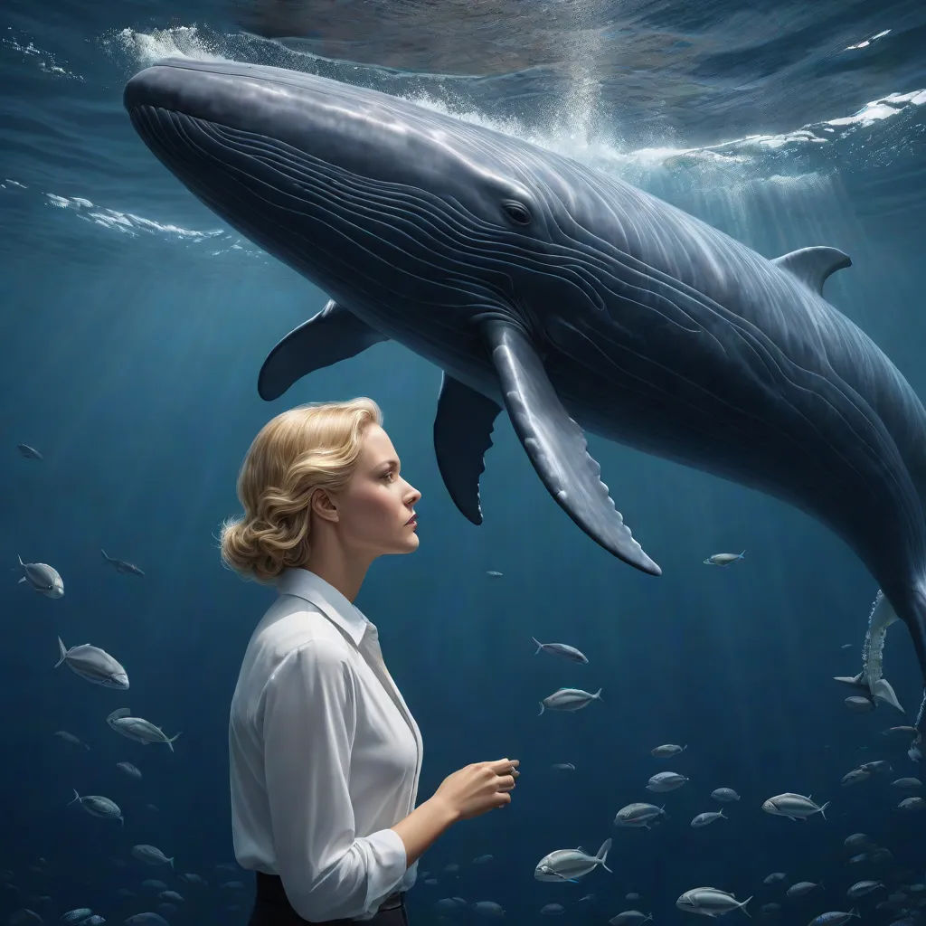 a woman standing in front of a whale in the ocean with fish around her and a man looking at it, Annie Leibovitz, surrealism, a surrealist painting, promotional image