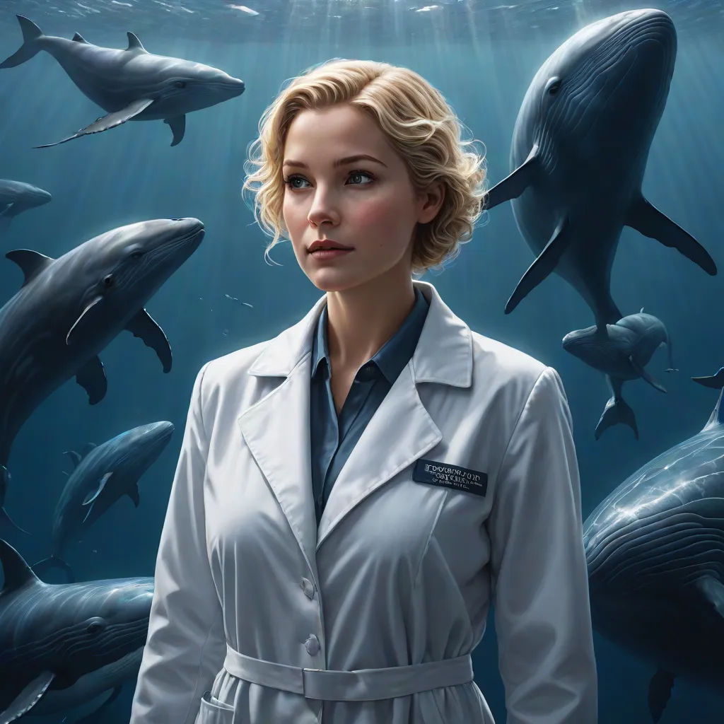 a woman in a trench coat standing in front of a group of dolphins in the ocean with sunlight streaming through the water, Constance Gordon-Cumming, fantastic realism, poster art, promotional image