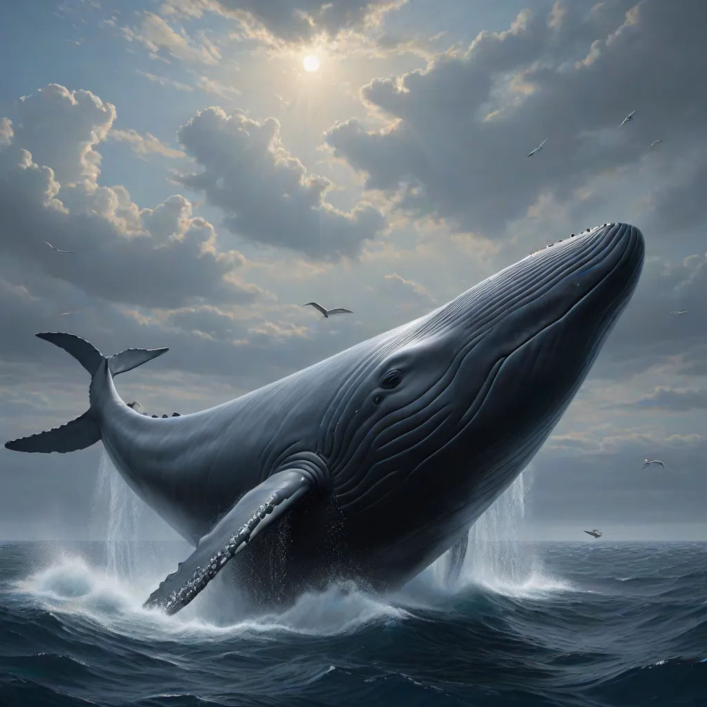 a whale jumping out of the water with a bird flying above it and a bird flying above it in the sky, Chris LaBrooy, american scene painting, a digital painting, highly detailed digital painting