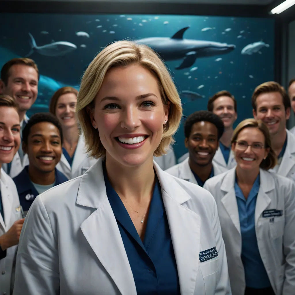 a group of people in white lab coats standing together in front of a shark wallpapered wall with a shark in the background, Dr. Atl, neoplasticism, a poster, promotional image