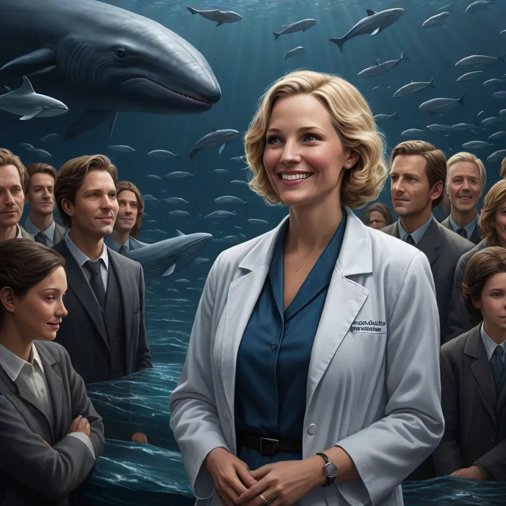 a woman in a white coat standing in front of a group of people in a shark background with sharks, Barclay Shaw, fantastic realism, poster art, promotional image