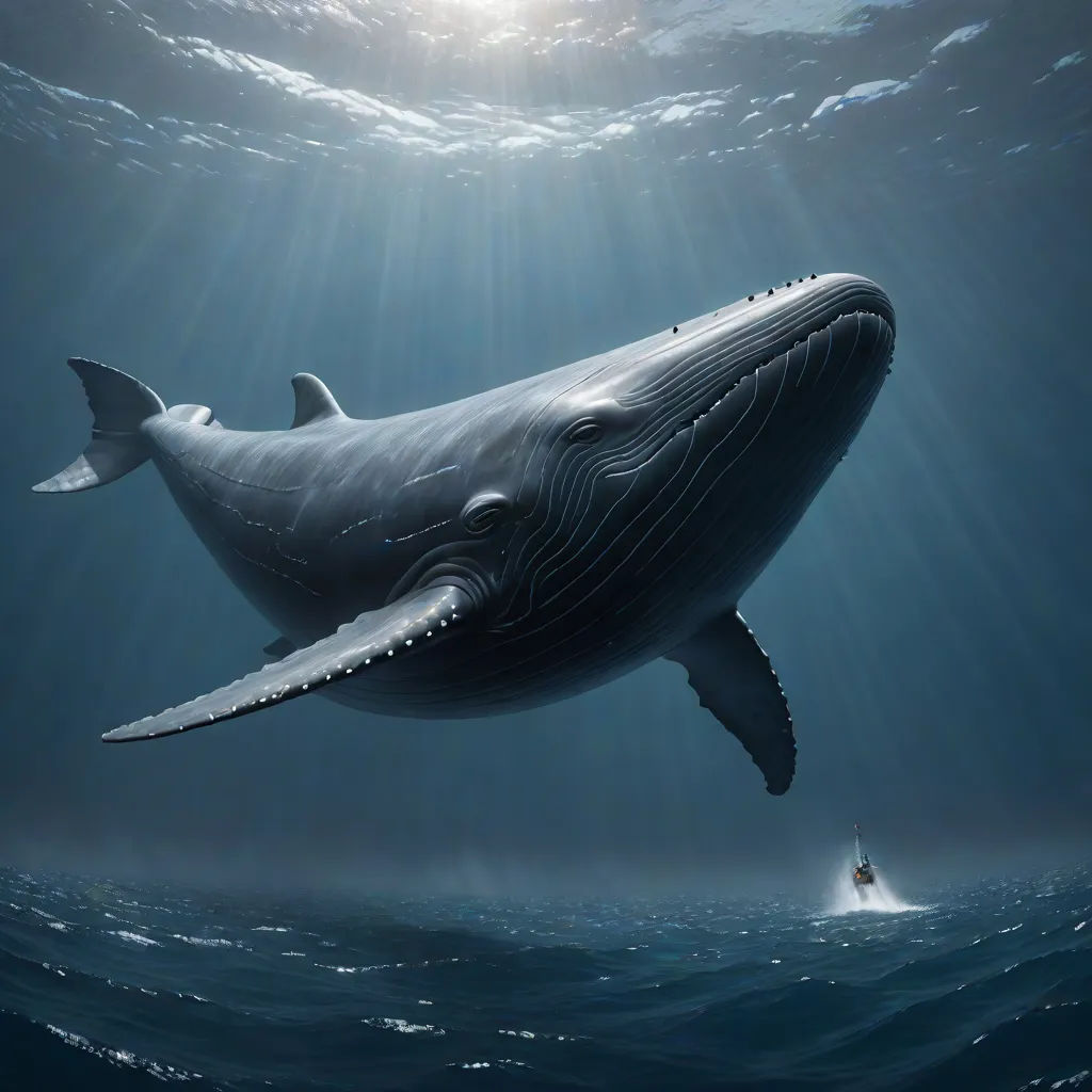a whale is swimming in the ocean with a boat in the background and a light shining on the water, Cyril Rolando, magical realism, a photorealistic painting, highly detailed digital painting