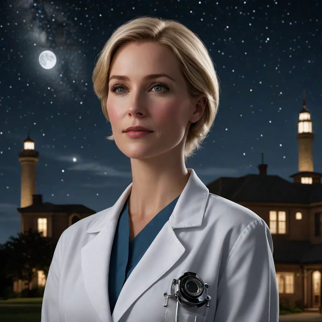 a woman in a white coat standing in front of a building with a clock tower in the background and a full moon in the sky, Constance Gordon-Cumming, neoplasticism, a character portrait, promotional image