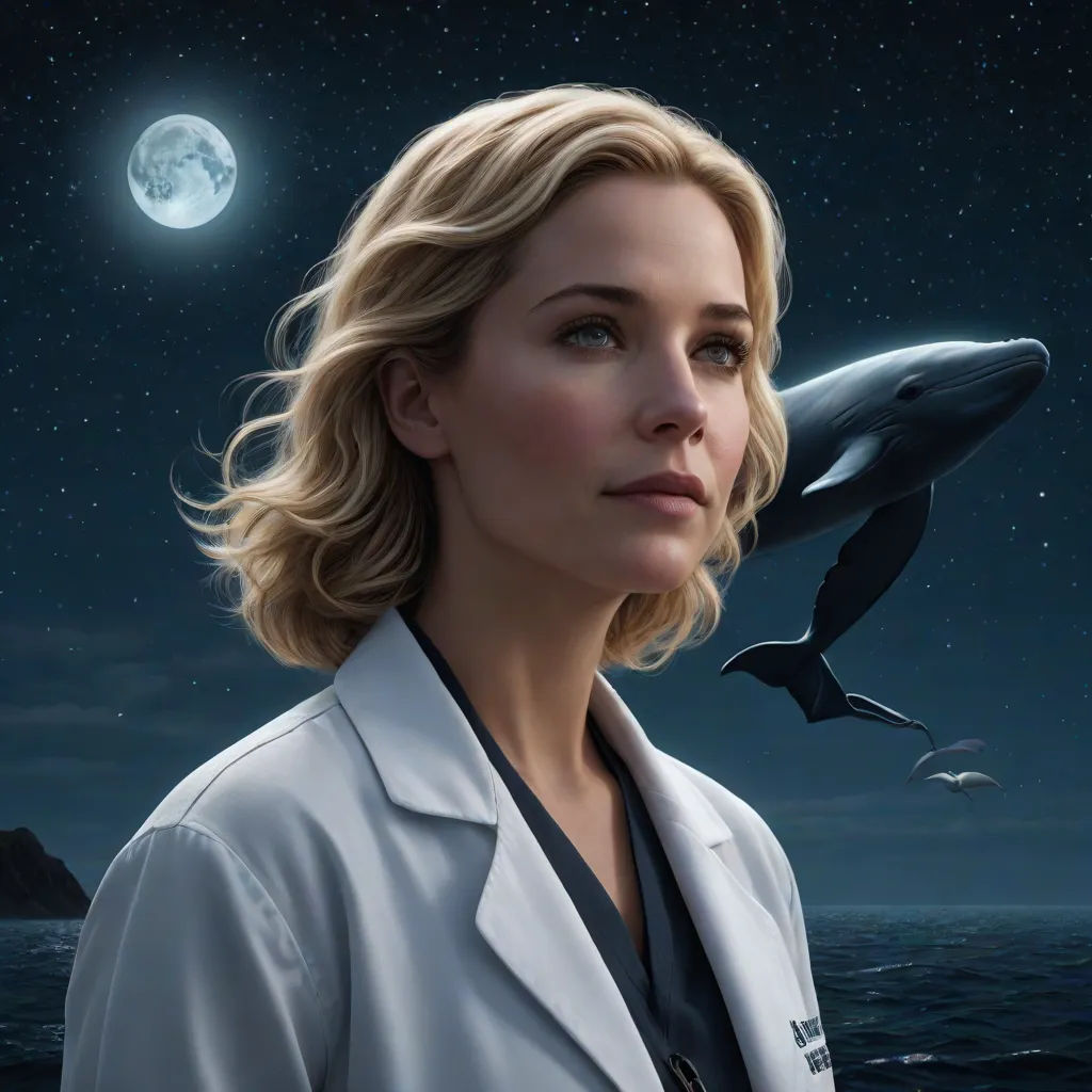 a woman in a white coat is looking at a whale in the ocean at night with a full moon in the background, Emma Geary, photorealism, a photorealistic painting, promotional image