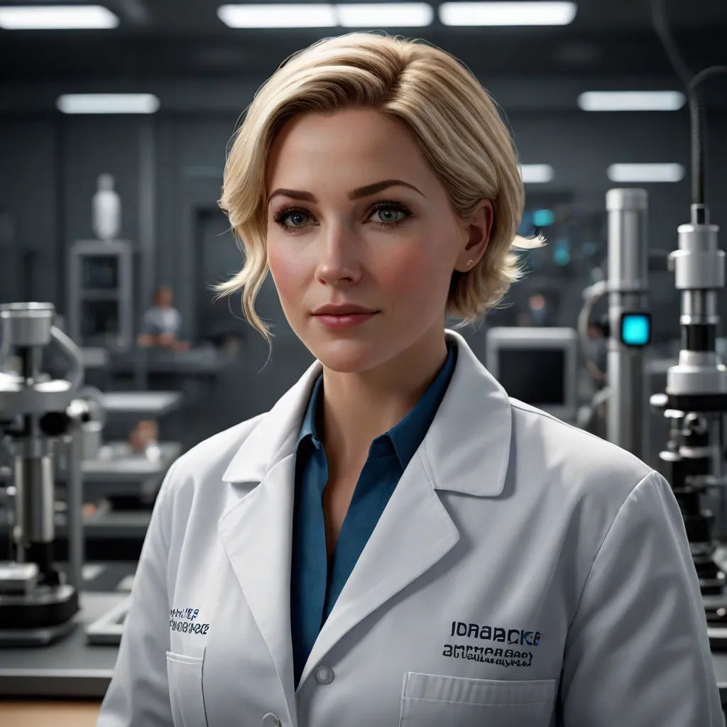 a woman in a lab coat standing in front of a machine room filled with equipment and a man in a suit, Doc Hammer, photorealism, a computer rendering, unreal engine highly rendered