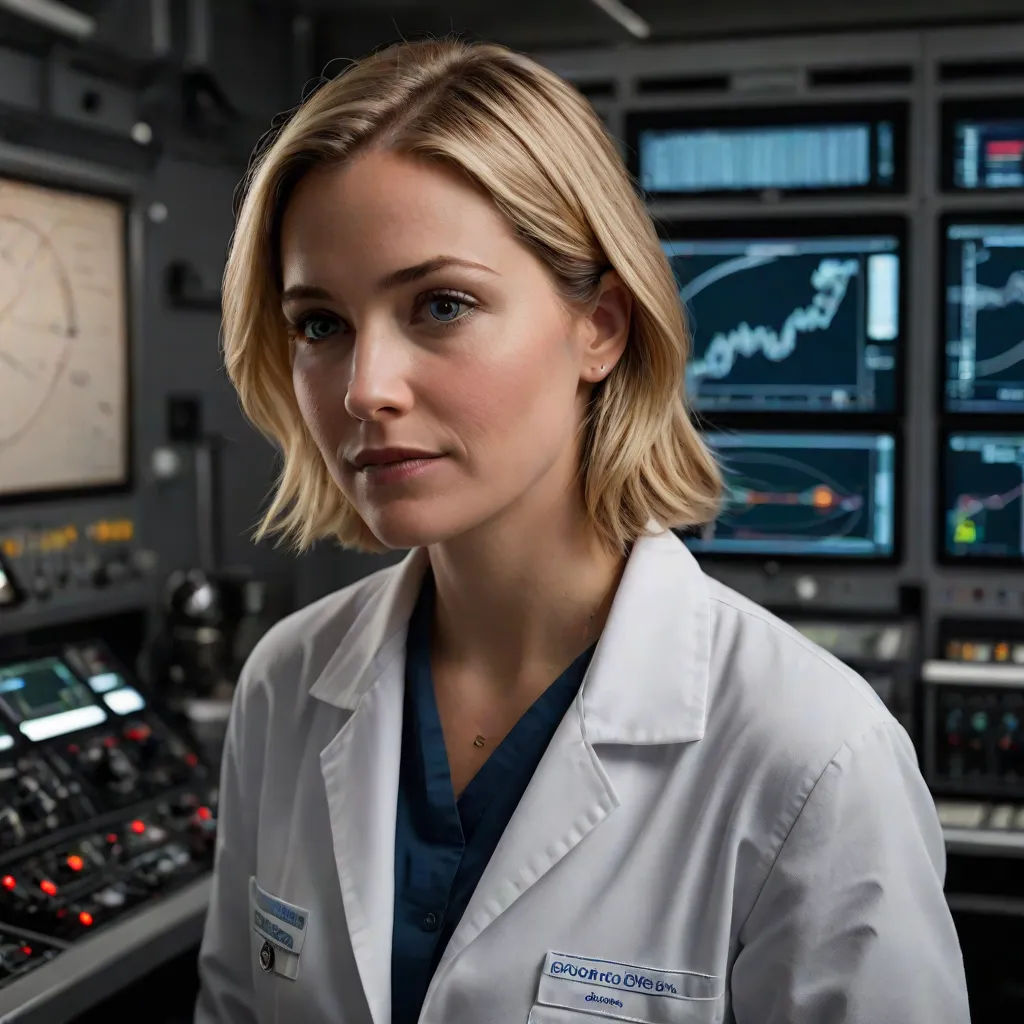 a woman in a white lab coat standing in front of a control panel with multiple monitors on it and a chart, Emma Geary, neoplasticism, a character portrait, promotional image