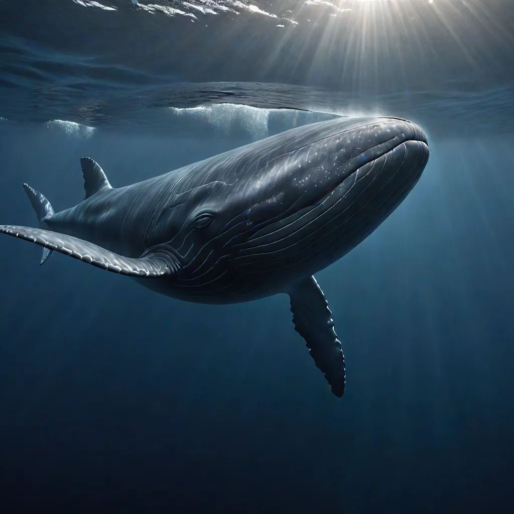 a whale swimming in the ocean with sun shining through the water's bubbles and a light beam above it, Donald Roller Wilson, rayonism, a photorealistic painting, award-winning photograph