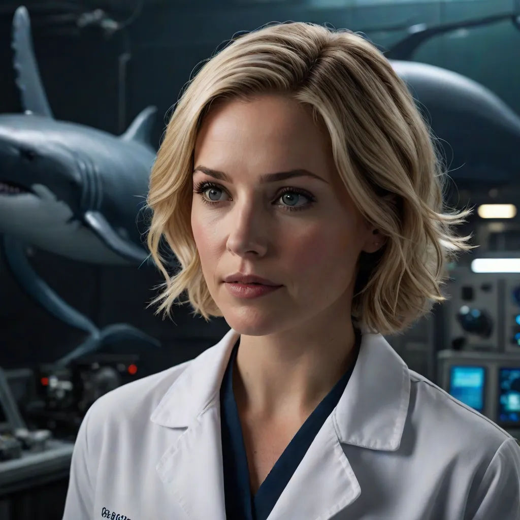 a woman in a white coat standing in front of a shark wallpapered wall with a computer screen, Constance Gordon-Cumming, photorealism, a character portrait, promotional image
