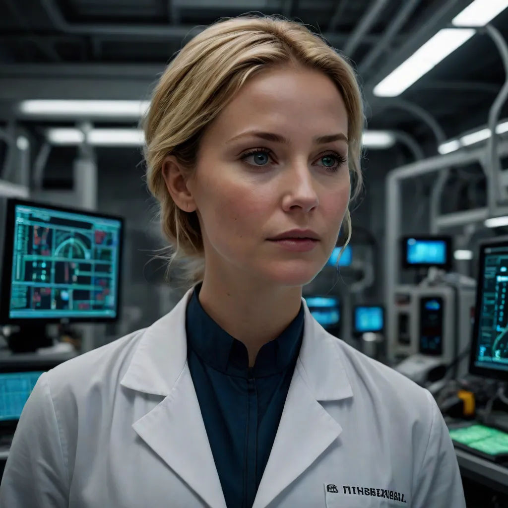 a woman in a lab coat standing in front of a computer screen with a lot of monitors on it, Eve Ryder, aestheticism, a character portrait, promotional image