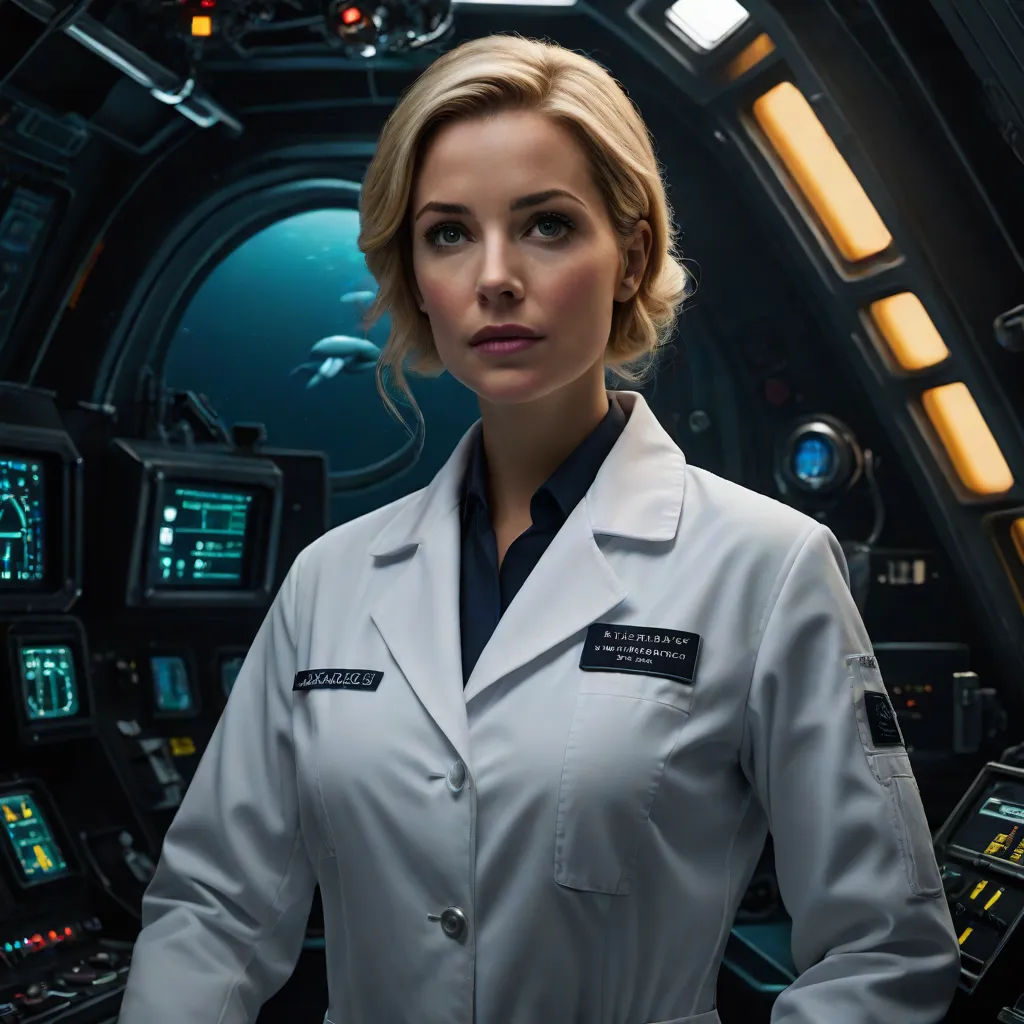 a woman in a white coat standing in a space station with a monitor screen in the background and a spaceship in the background, Constance Gordon-Cumming, cobra, a character portrait, promotional image