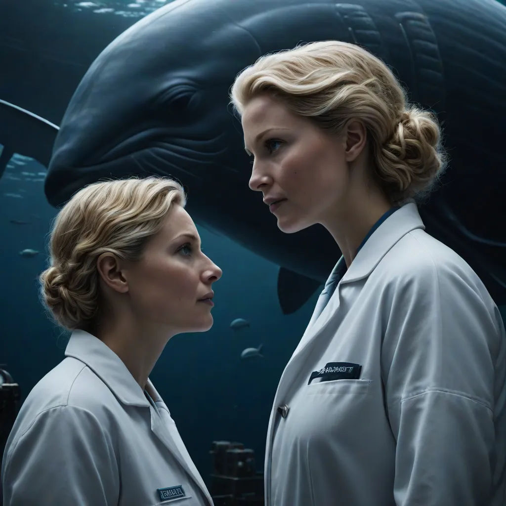 two women in white coats standing next to a whale in the ocean with a man in a suit and a woman in a white coat, Dirk Crabeth, naturalism, a poster, promotional image