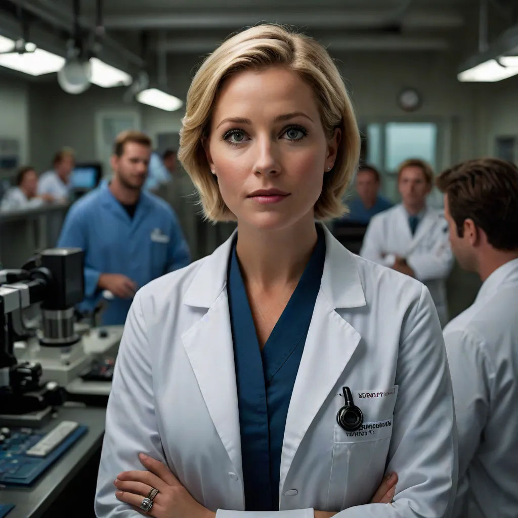 a woman in a lab coat standing in front of a group of people in a room with computers and other medical equipment, Emma Geary, neoplasticism, a character portrait, promotional image