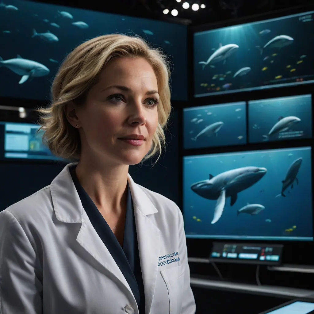 a woman in a lab coat standing in front of a display of whales and other marine life on television screens, Anna Maria Barbara Abesch, naturalism, computer graphics, promotional image