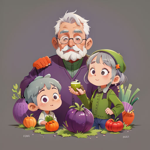 a man and two children standing next to each other with vegetables around them and a pumpkin on the ground