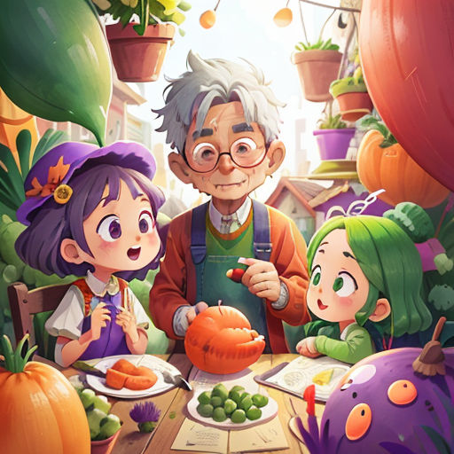 a group of people sitting around a table with food on it and plants in the background, with a man standing over a table with a plate of food