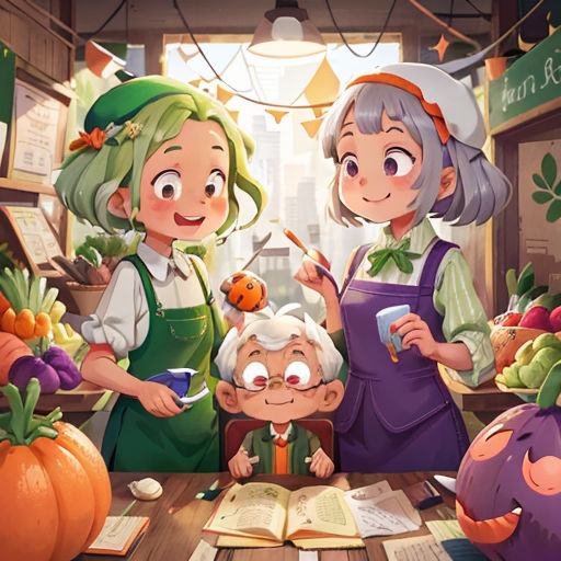a group of people standing around a table with food on it and a book in front of them and a pumpkin
