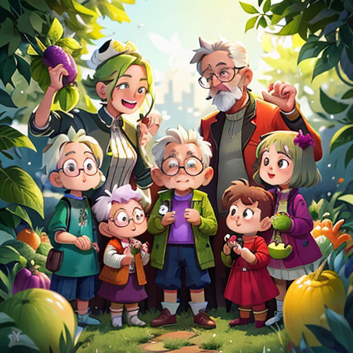 a family of five standing in the woods together, with a green background and trees and leaves around them