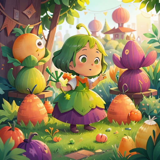 a girl in a green dress standing in a forest with lots of plants and mushrooms around her, with a bird on her shoulder