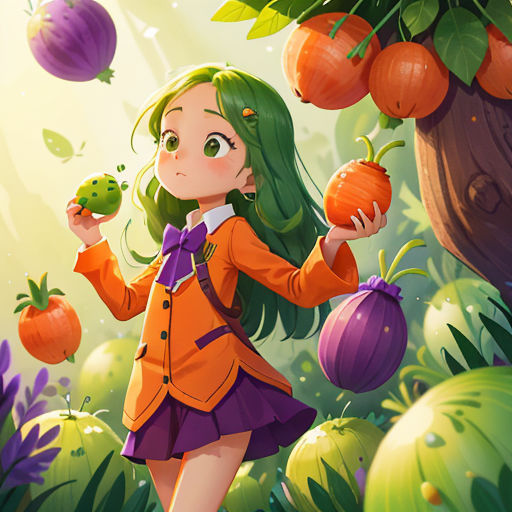 a girl holding a green apple in a forest with oranges and other fruits around her, with a green apple in her hand