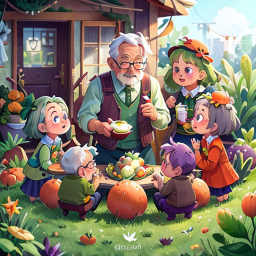 a group of people standing around a table filled with food and vegetables in a garden with a house in the background