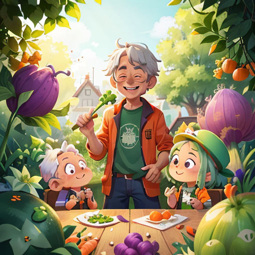a man standing in front of a table filled with vegetables and fruit next to a little girl holding a carrot