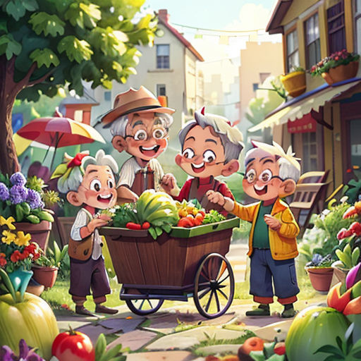 a group of people standing around a garden filled with vegetables and fruit, with a man pushing a wagon full of vegetables