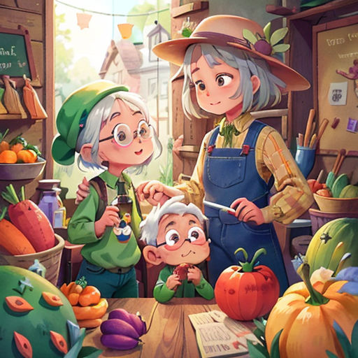 a painting of a woman and two children in a garden shop with vegetables and fruit on the table and a man holding a knife