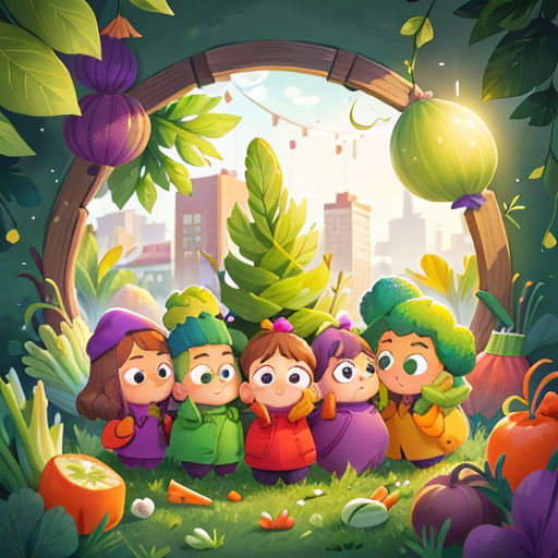 a group of children standing in the middle of a forest with a green background and a city in the background