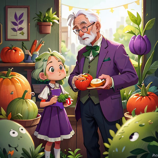 a man and a little girl are standing in a room full of vegetables and plants and a man is holding a plate of food