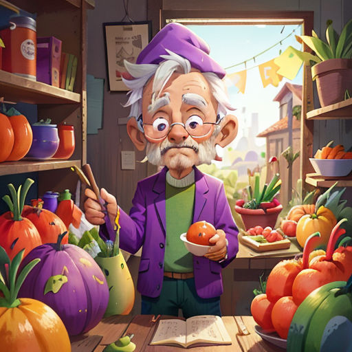 a man in a purple jacket holding a plate of food in a store filled with vegetables and fruits and vegetables