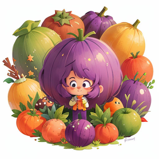 a girl surrounded by pumpkins and other fruits and vegetables on a white background illustration by alex krapf
