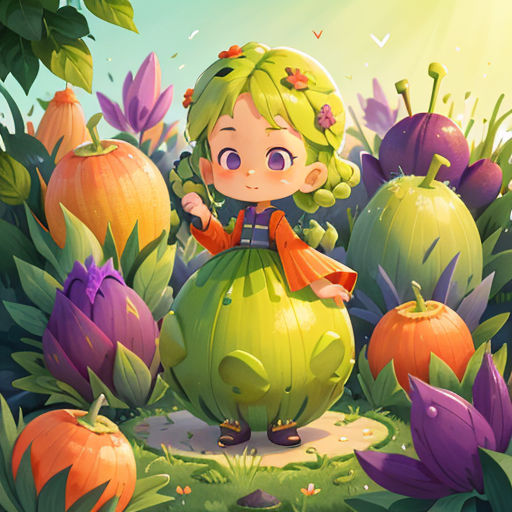 a girl standing in a field of pumpkins with a bird flying above her head and a bird on her shoulder