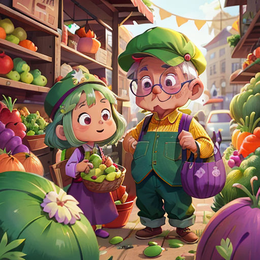 a cartoon of a man and woman in a vegetable market with a child looking at vegetables in a basket