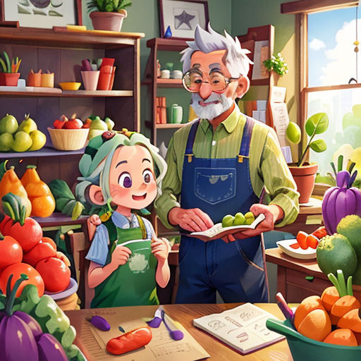 a man and a woman are in a kitchen with vegetables and fruit on the table and a man is holding a clipboard