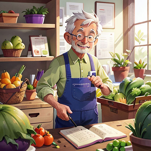 a man in an apron is working in a garden shop with a book and a knife in his hand