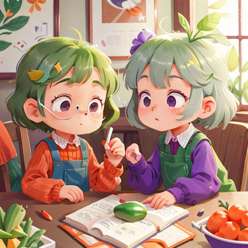 two children sitting at a table with a book and a bowl of vegetables in front of them, looking at a book