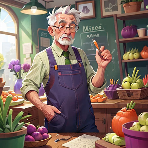 a man in an apron holding a pencil in a room full of vegetables and fruit on a table with a chalkboard