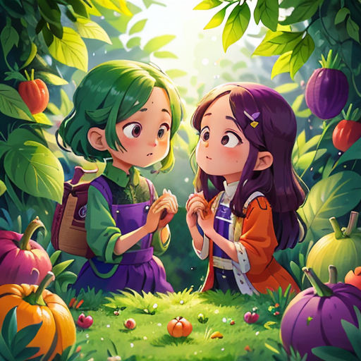 two girls in a forest with pumpkins and leaves on the ground, one of them is looking at the other